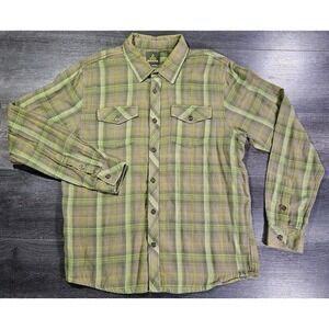 Prana Lightweight Flannel Shirt Men L Green Army Green Plaid Hiking Outdoors